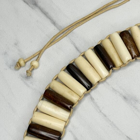 Wood Beaded Tie Belt Brown Cream Boho Statement Belt Medium (M) ✨ - Picture 3 of 14
